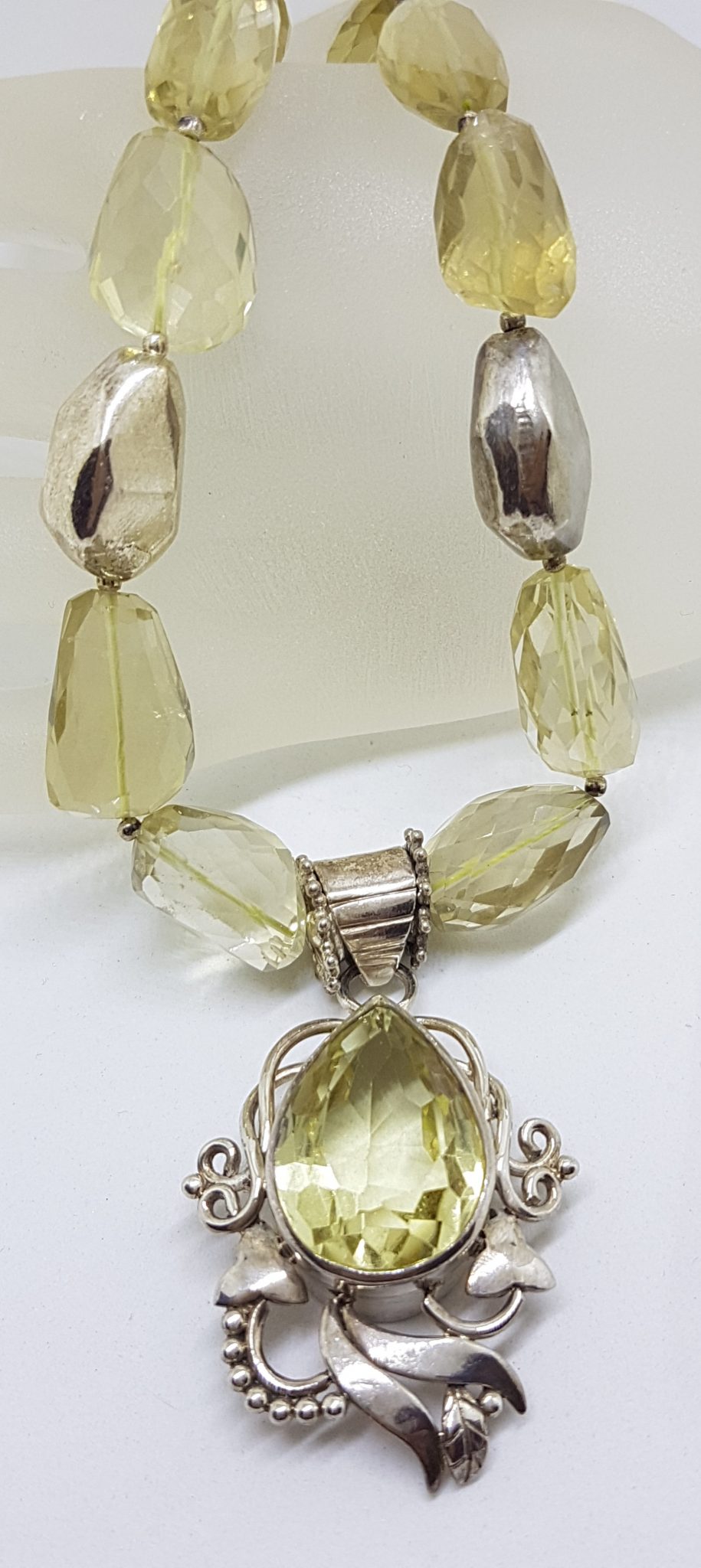 Sterling Silver Large Chunky and Ornate Citrine Pendant on Bead Chain Necklace