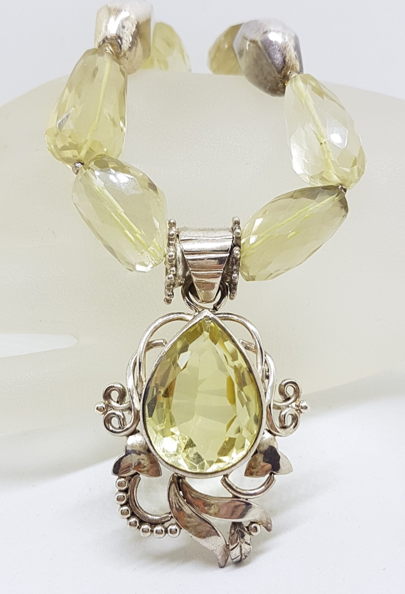 Sterling Silver Large Chunky and Ornate Citrine Pendant on Bead Chain Necklace