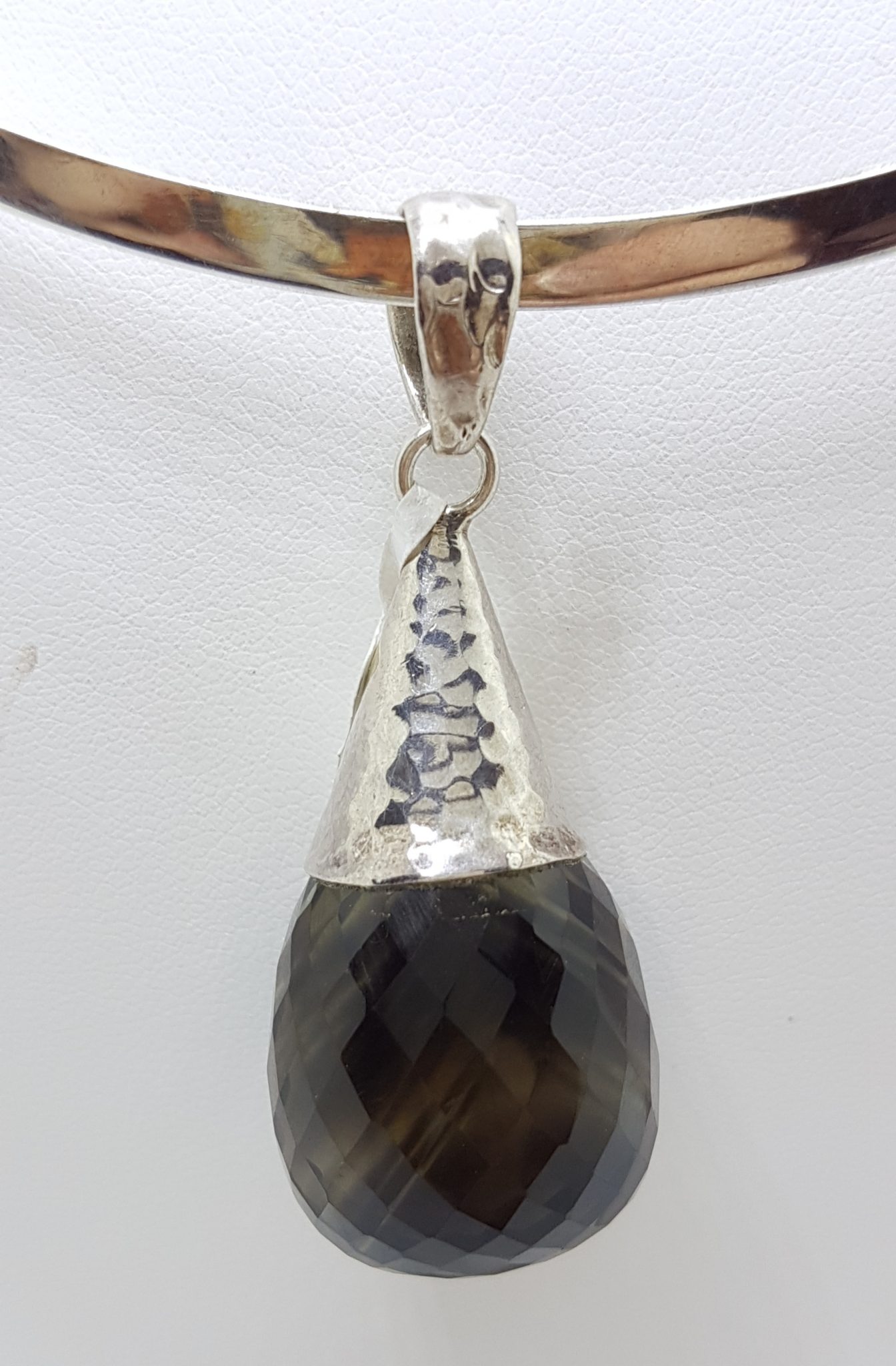 Sterling Silver Smokey Quartz Drop in Cone Pendant on Silver Choker Chain / Necklace