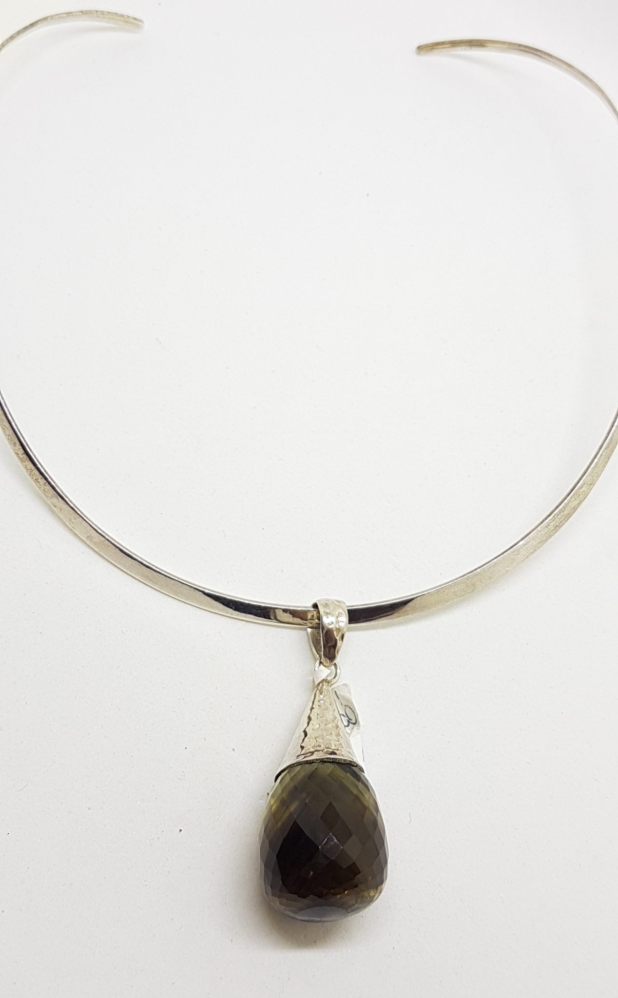 Sterling Silver Smokey Quartz Drop in Cone Pendant on Silver Choker Chain / Necklace