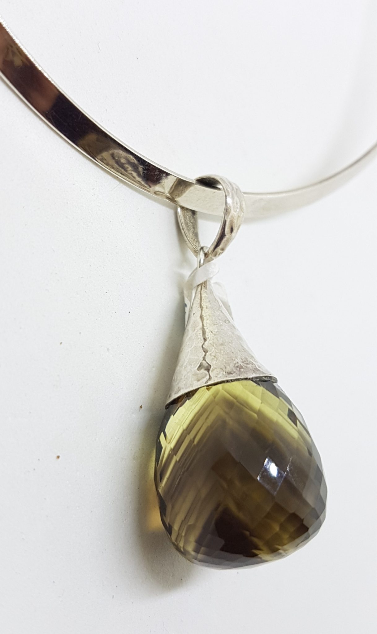 Sterling Silver Smokey Quartz Drop in Cone Pendant on Silver Choker Chain / Necklace