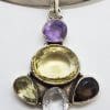 Sterling Silver Large Citrine, Smokey Quartz, Amethyst and Clear Crystal Quartz Pendant on Silver Choker Necklace