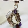 Sterling Silver Large Citrine, Pearl, Amethyst, Garnet and Moonstone Pendant on Silver Choker Chain / Necklace