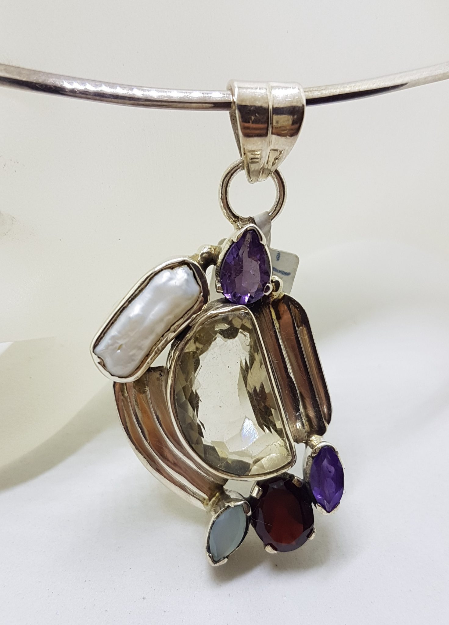 20200802_104951 Sterling Silver Large Citrine, Pearl, Amethyst, Garnet and Moonstone Pendant on Silver Choker Chain / Necklace