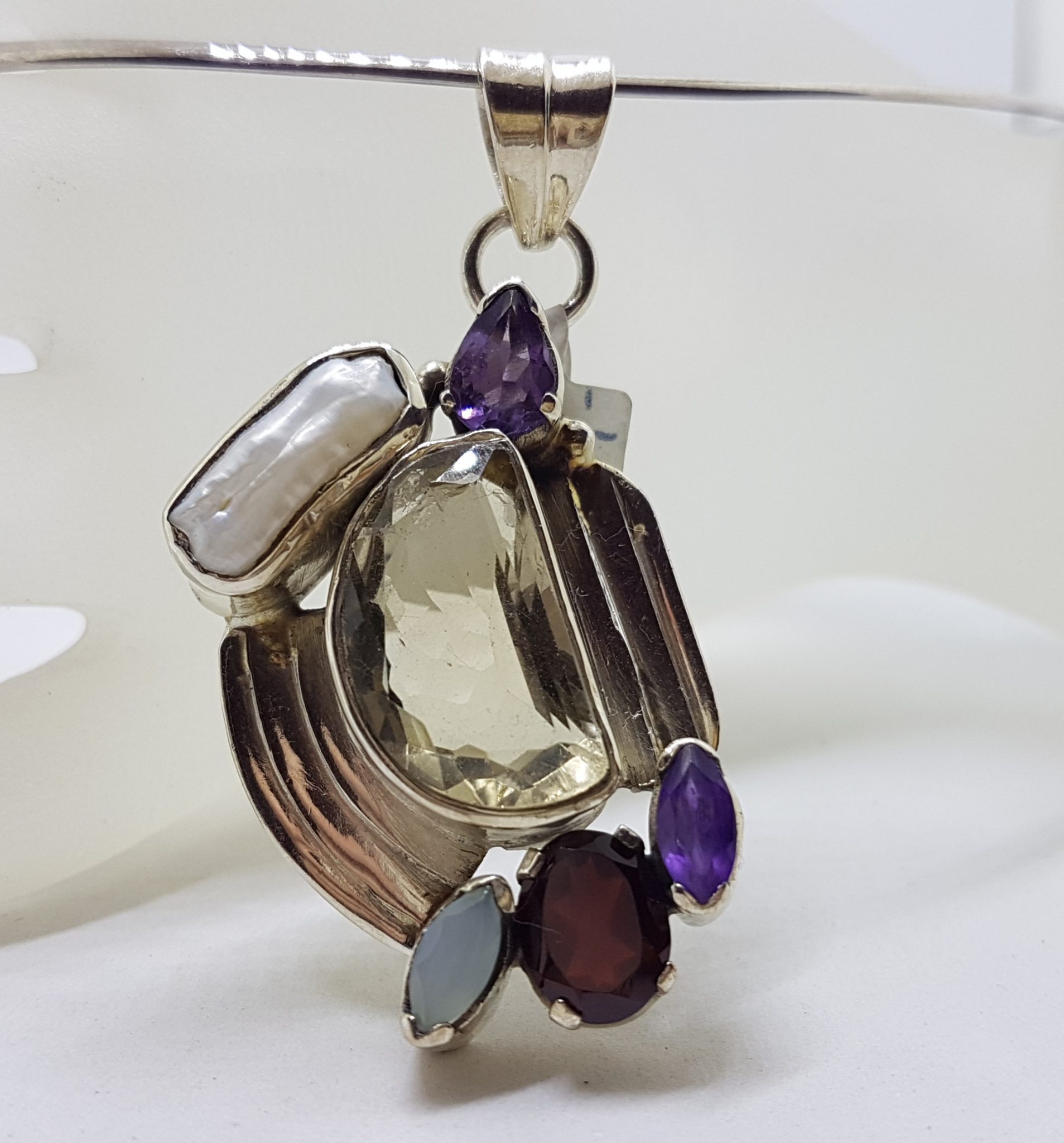 20200802_105006 Sterling Silver Large Citrine, Pearl, Amethyst, Garnet and Moonstone Pendant on Silver Choker Chain / Necklace