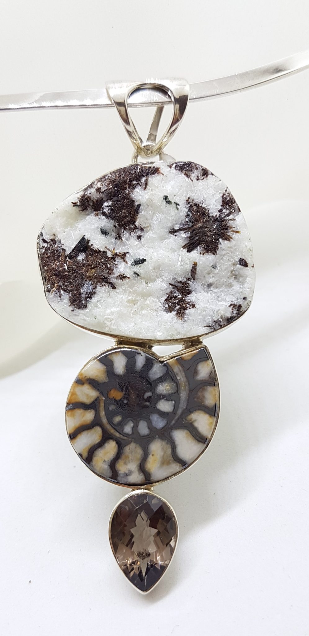 Sterling Silver Large Ammonite, Smokey Quartz and Astrophyllite Pendant on Silver Choker Chain / Necklace