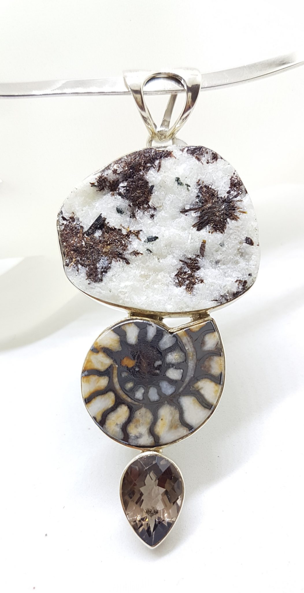 Sterling Silver Large Ammonite, Smokey Quartz and Astrophyllite Pendant on Silver Choker Chain / Necklace