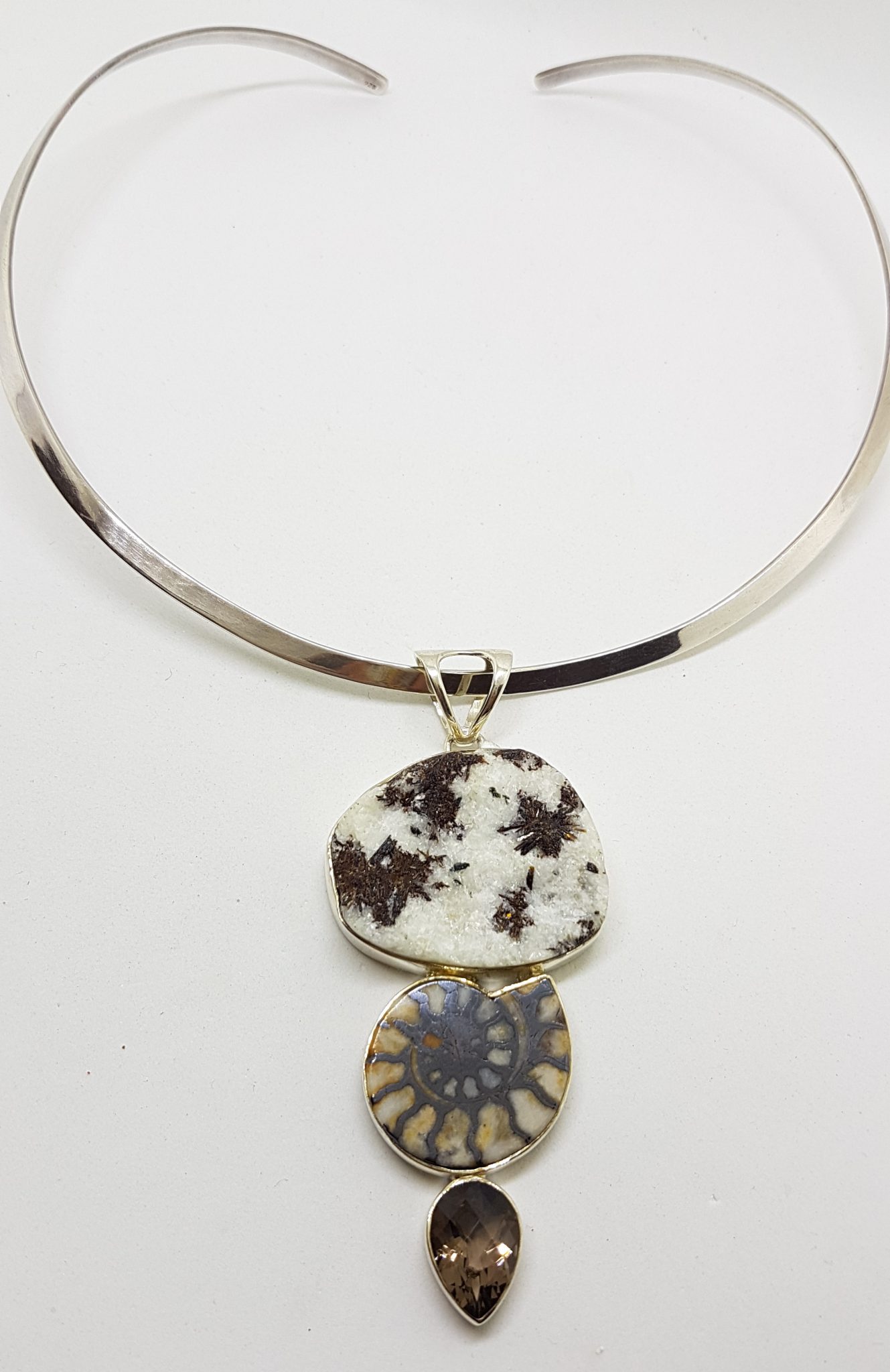 Sterling Silver Large Ammonite, Smokey Quartz and Astrophyllite Pendant on Silver Choker Chain / Necklace