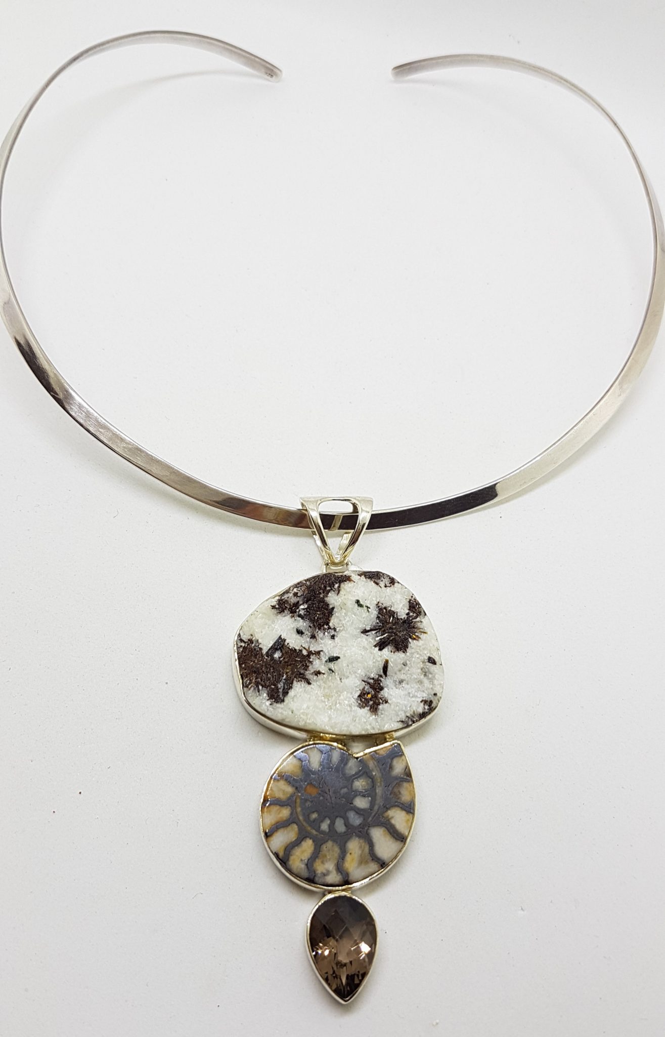 Sterling Silver Large Ammonite, Smokey Quartz and Astrophyllite Pendant on Silver Choker Chain / Necklace