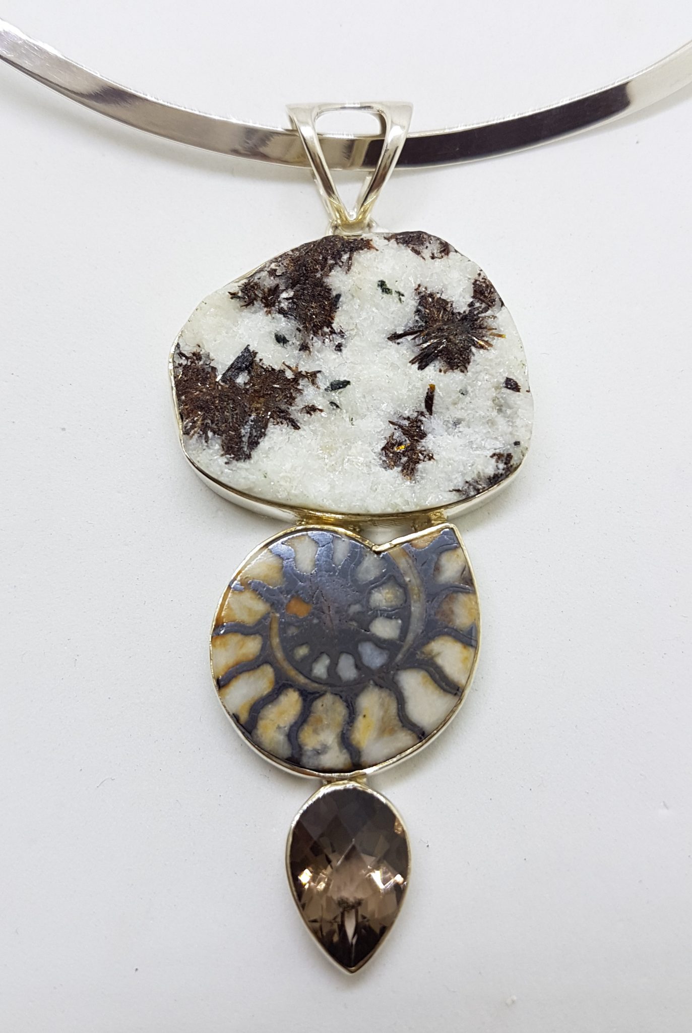 Sterling Silver Large Ammonite, Smokey Quartz and Astrophyllite Pendant on Silver Choker Chain / Necklace