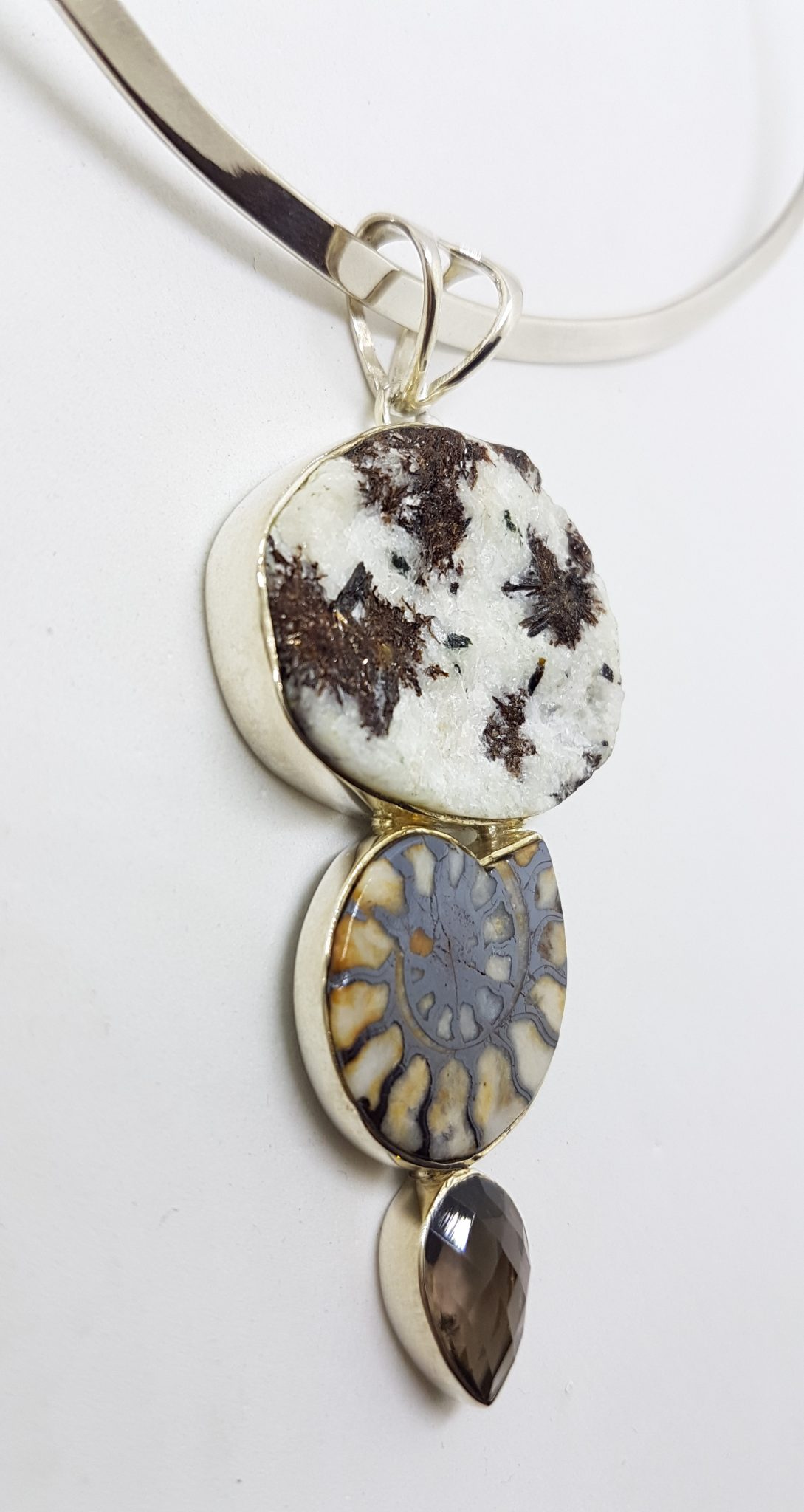 Sterling Silver Large Ammonite, Smokey Quartz and Astrophyllite Pendant on Silver Choker Chain / Necklace