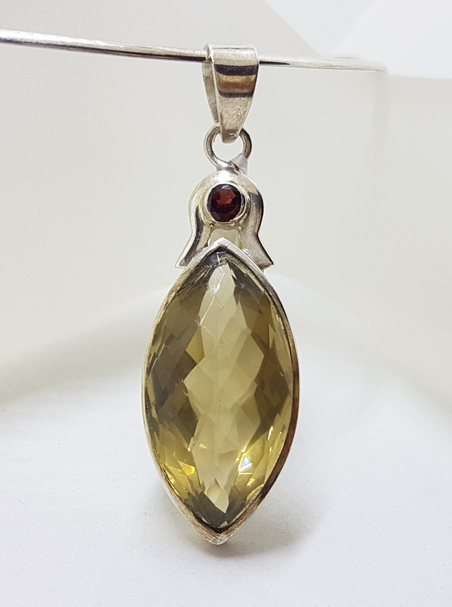 20200802_105248 Sterling Silver Long Marquis Shape Citrine with Garnet Pendant on Choker Necklace / Chain
