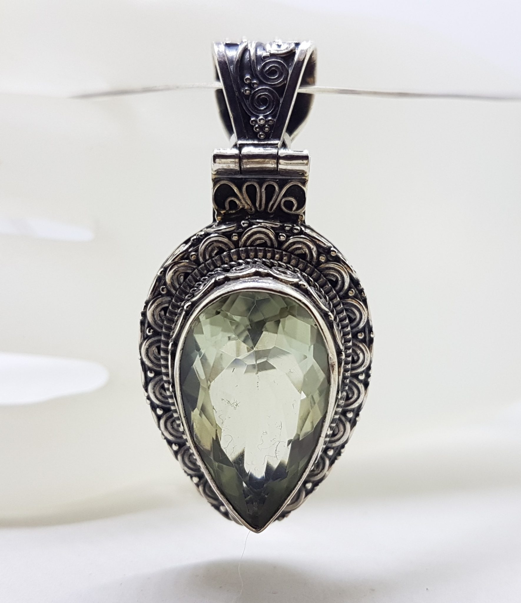 Sterling Silver Large Teardrop / Pear Shape Green Amethyst / Prasiolite Ornate Filigree Design Pendant on Silver Choker / Chain / Necklace
