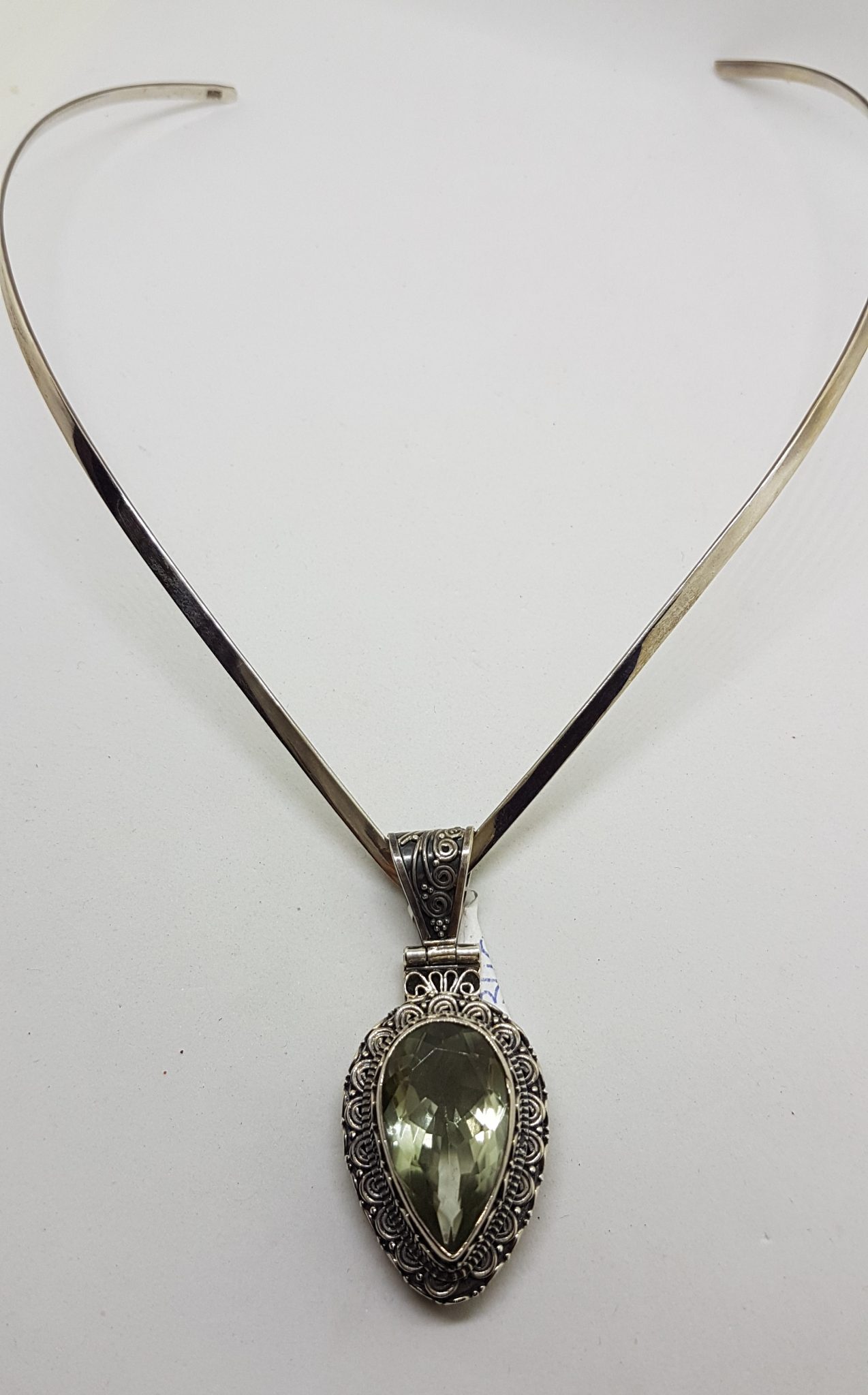 Sterling Silver Large Teardrop / Pear Shape Green Amethyst / Prasiolite Ornate Filigree Design Pendant on Silver Choker / Chain / Necklace