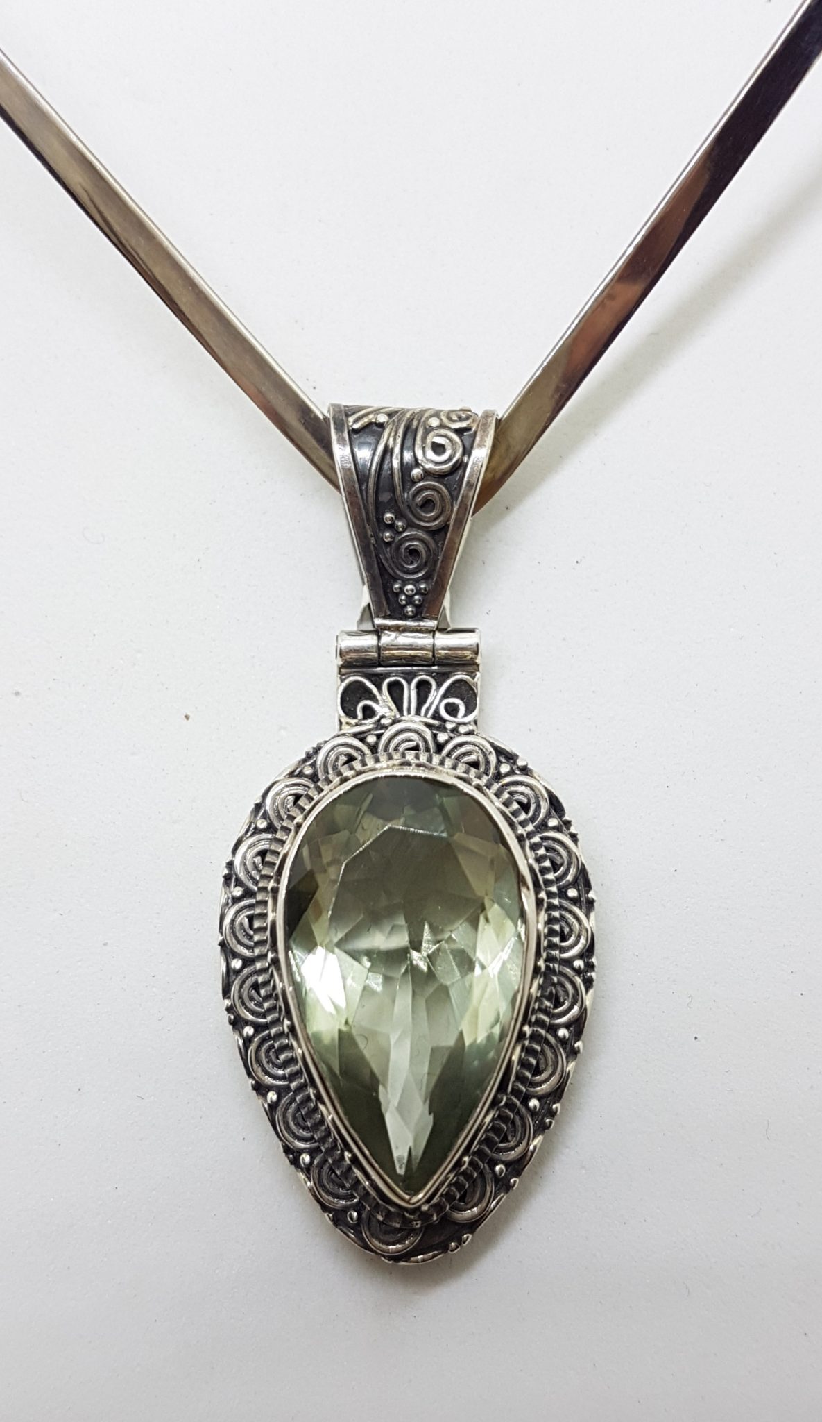 Sterling Silver Large Teardrop / Pear Shape Green Amethyst / Prasiolite Ornate Filigree Design Pendant on Silver Choker / Chain / Necklace