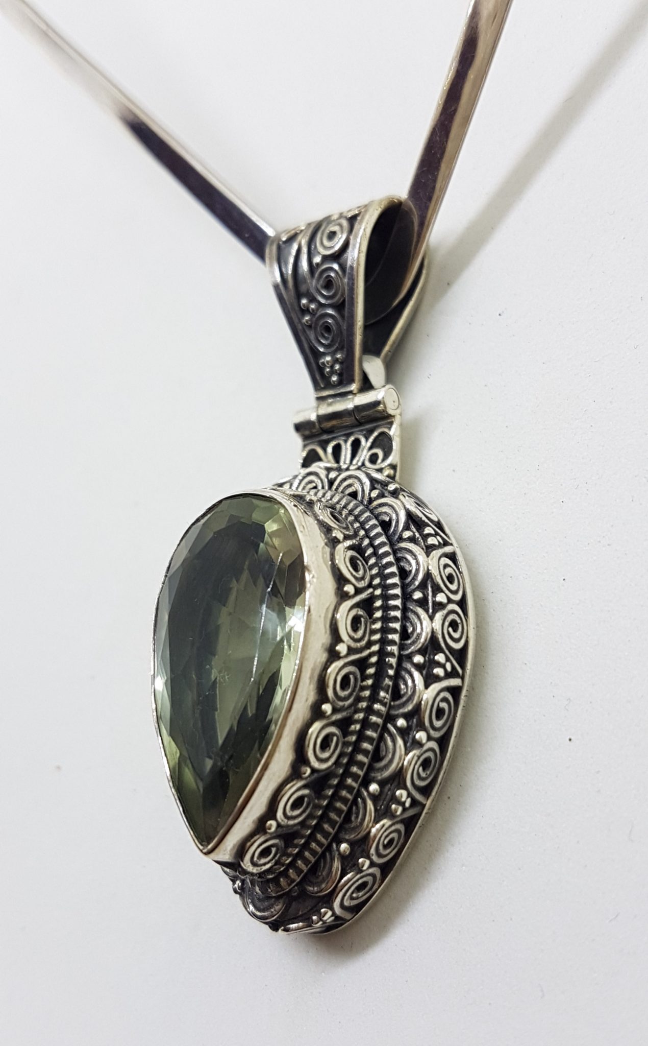 Sterling Silver Large Teardrop / Pear Shape Green Amethyst / Prasiolite Ornate Filigree Design Pendant on Silver Choker / Chain / Necklace