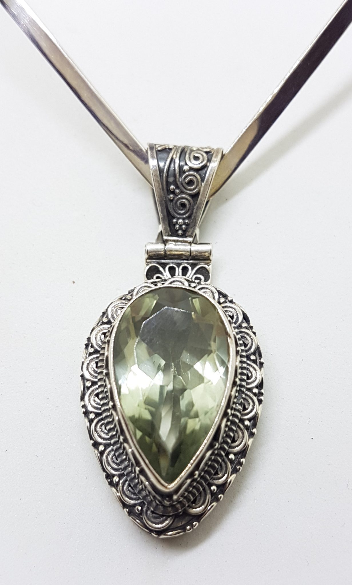 Sterling Silver Large Teardrop / Pear Shape Green Amethyst / Prasiolite Ornate Filigree Design Pendant on Silver Choker / Chain / Necklace