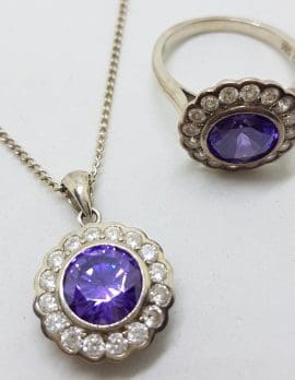 Sterling Silver Purple and Clear Cubic Zirconia Pendant on Silver Chain with Ring Set