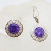 Sterling Silver Purple and Clear Cubic Zirconia Pendant on Silver Chain with Ring Set