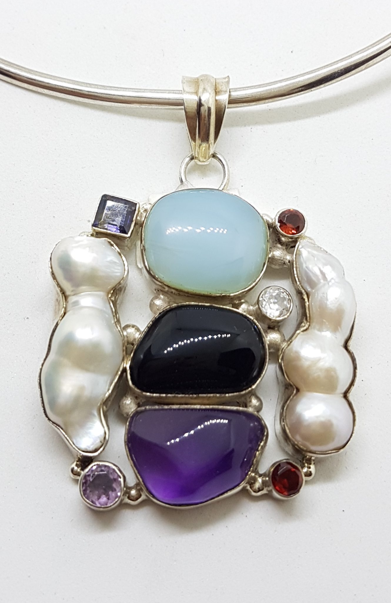 Sterling Silver Large and Unusual Amethyst, Chalcedony, Pearl, Onyx, Iolite, Clear Crystal Quartz & Garnet Cluster Pendant on Silver Choker / Chain / Necklace