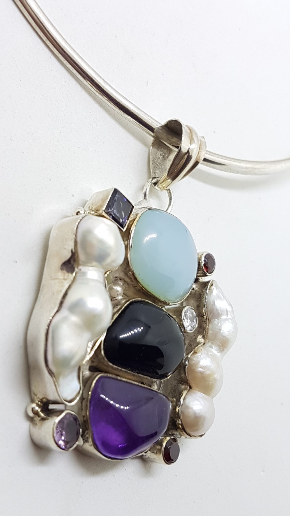 Sterling Silver Large and Unusual Amethyst, Chalcedony, Pearl, Onyx, Iolite, Clear Crystal Quartz & Garnet Cluster Pendant on Silver Choker / Chain / Necklace