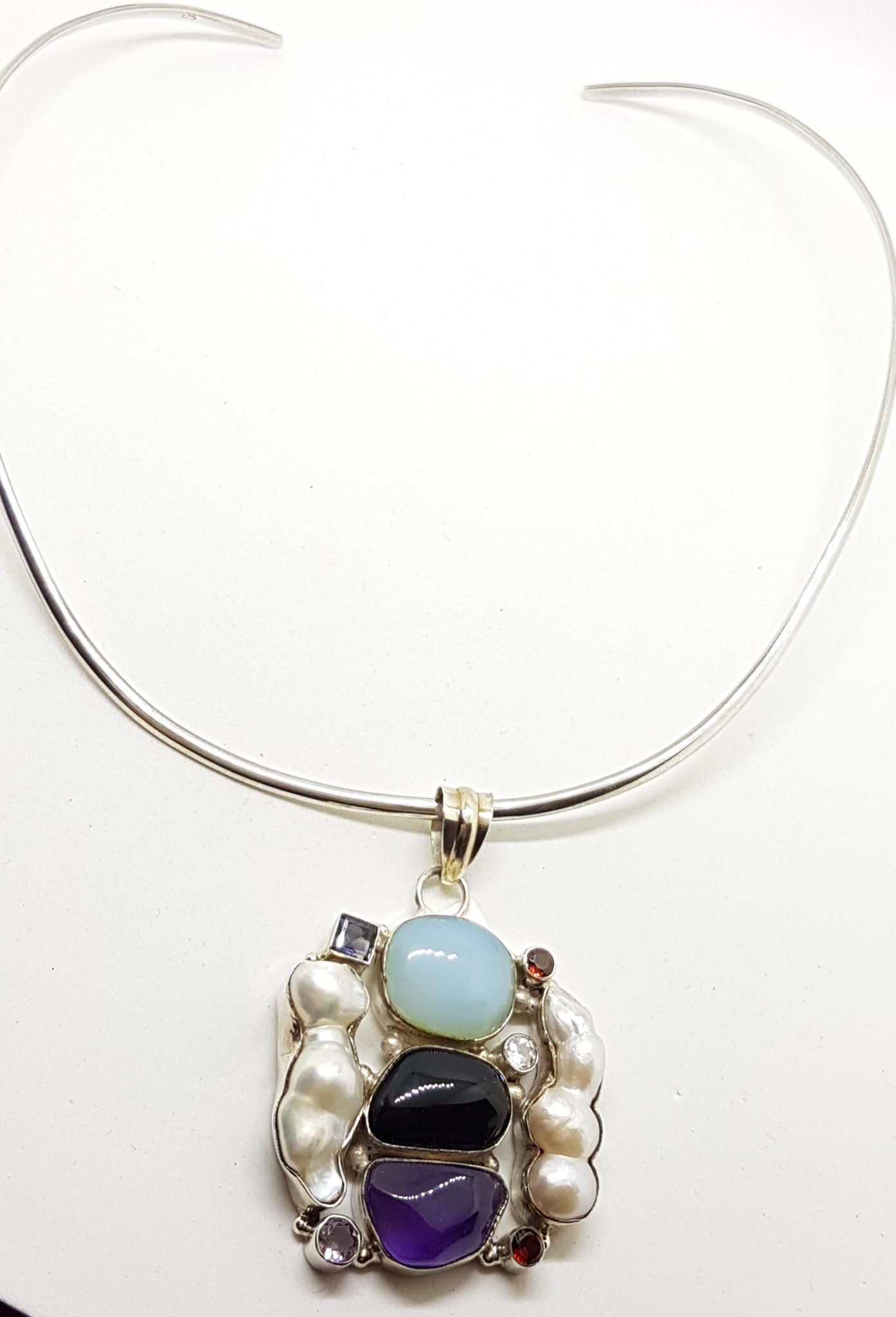 Sterling Silver Large and Unusual Amethyst, Chalcedony, Pearl, Onyx, Iolite, Clear Crystal Quartz & Garnet Cluster Pendant on Silver Choker / Chain / Necklace