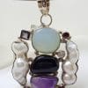 Sterling Silver Large and Unusual Amethyst, Chalcedony, Pearl, Onyx, Iolite, Clear Crystal Quartz & Garnet Cluster Pendant on Silver Choker / Chain / Necklace