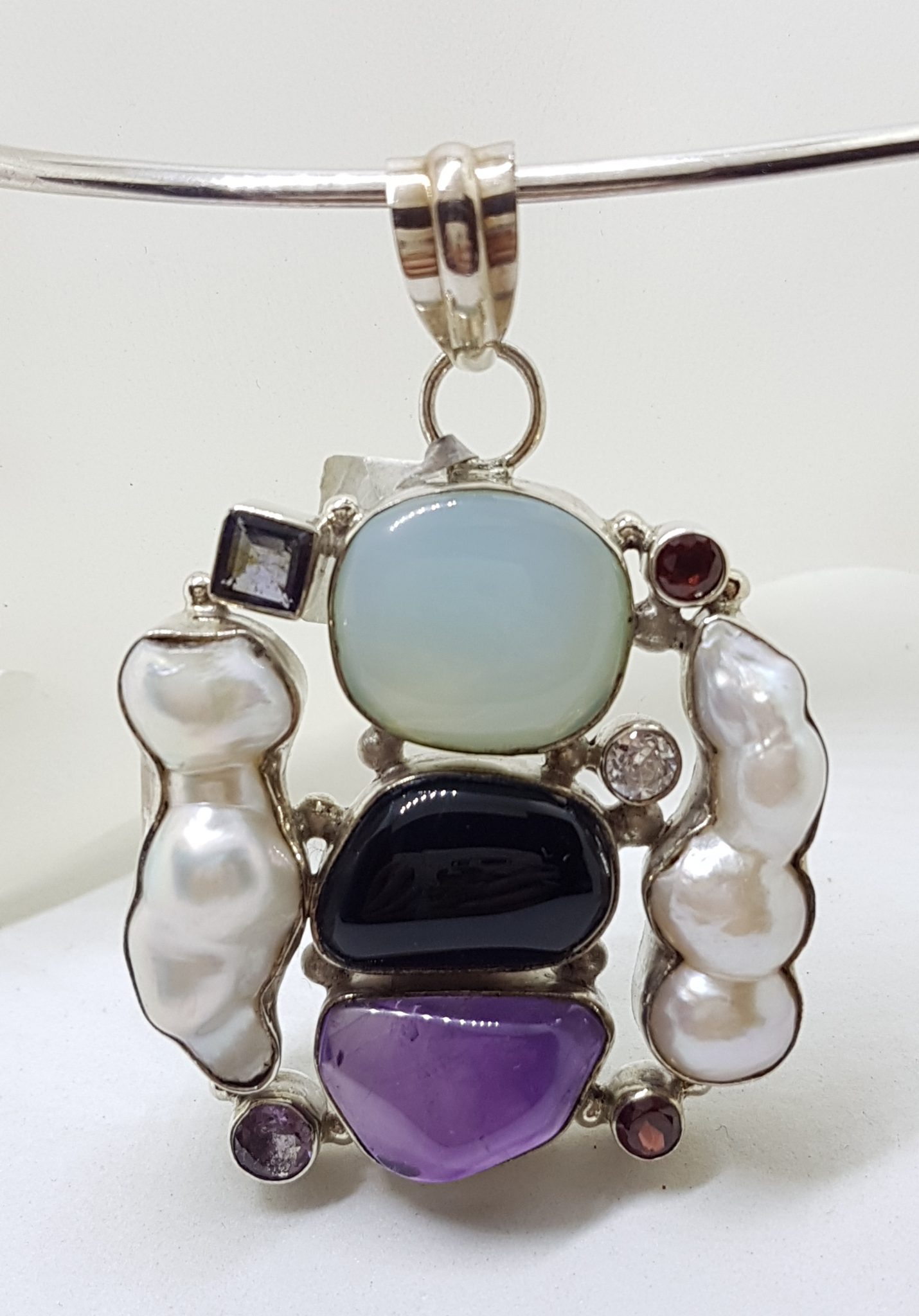 Sterling Silver Large and Unusual Amethyst, Chalcedony, Pearl, Onyx, Iolite, Clear Crystal Quartz & Garnet Cluster Pendant on Silver Choker / Chain / Necklace
