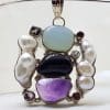Sterling Silver Large and Unusual Amethyst, Chalcedony, Pearl, Onyx, Iolite, Clear Crystal Quartz & Garnet Cluster Pendant on Silver Choker / Chain / Necklace