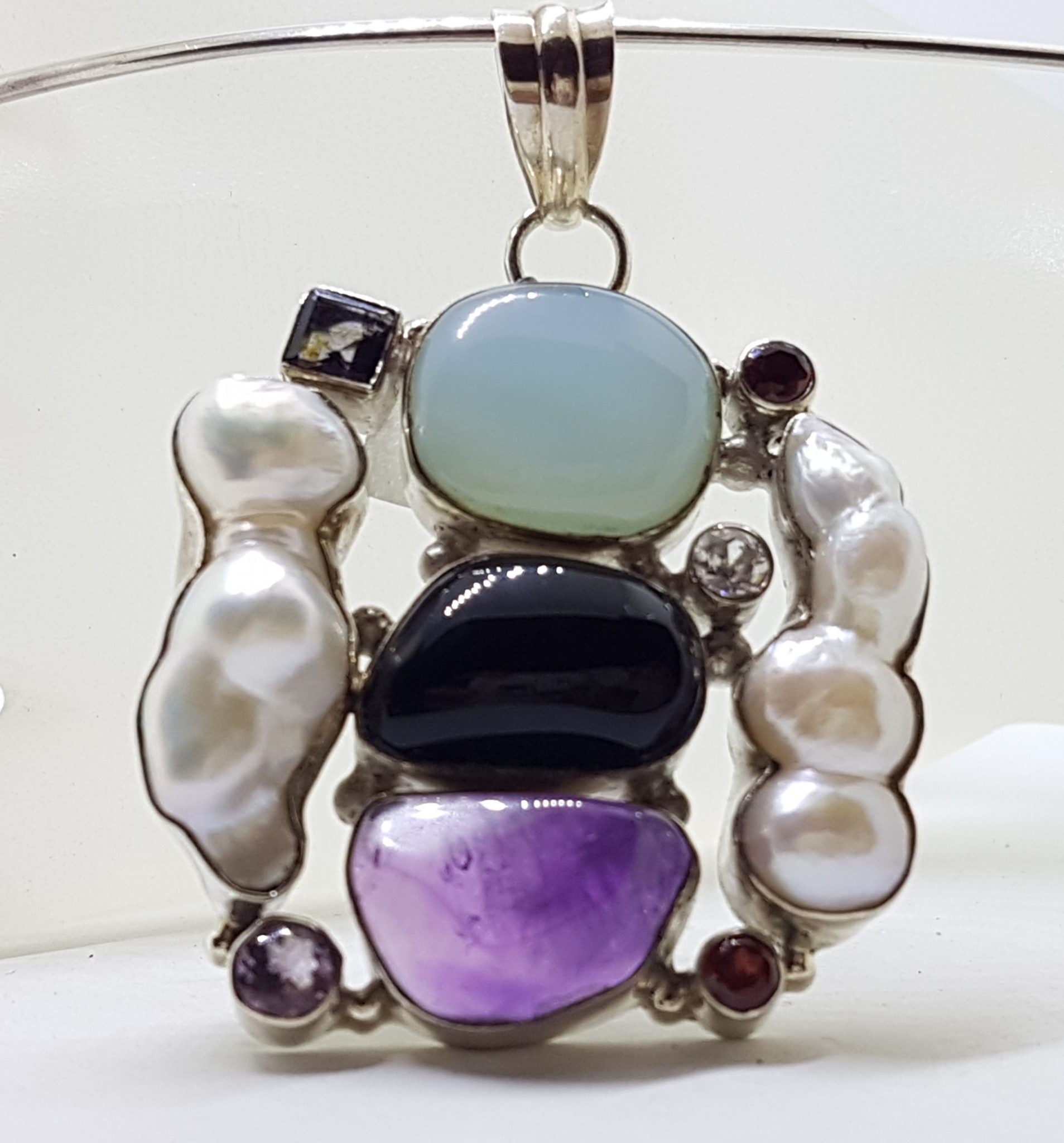 Sterling Silver Large and Unusual Amethyst, Chalcedony, Pearl, Onyx, Iolite, Clear Crystal Quartz & Garnet Cluster Pendant on Silver Choker / Chain / Necklace