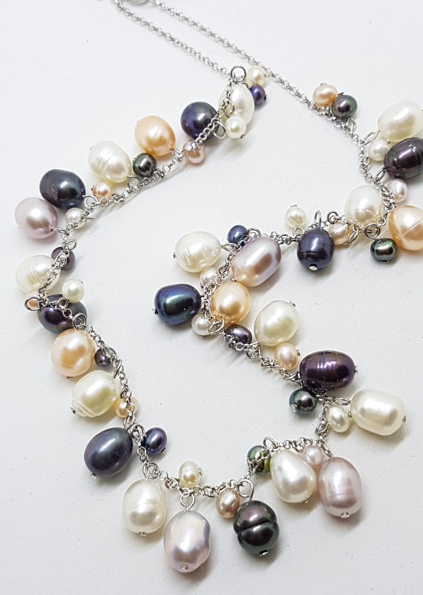 Sterling Silver Multi-Colour Pearl Drops Necklace