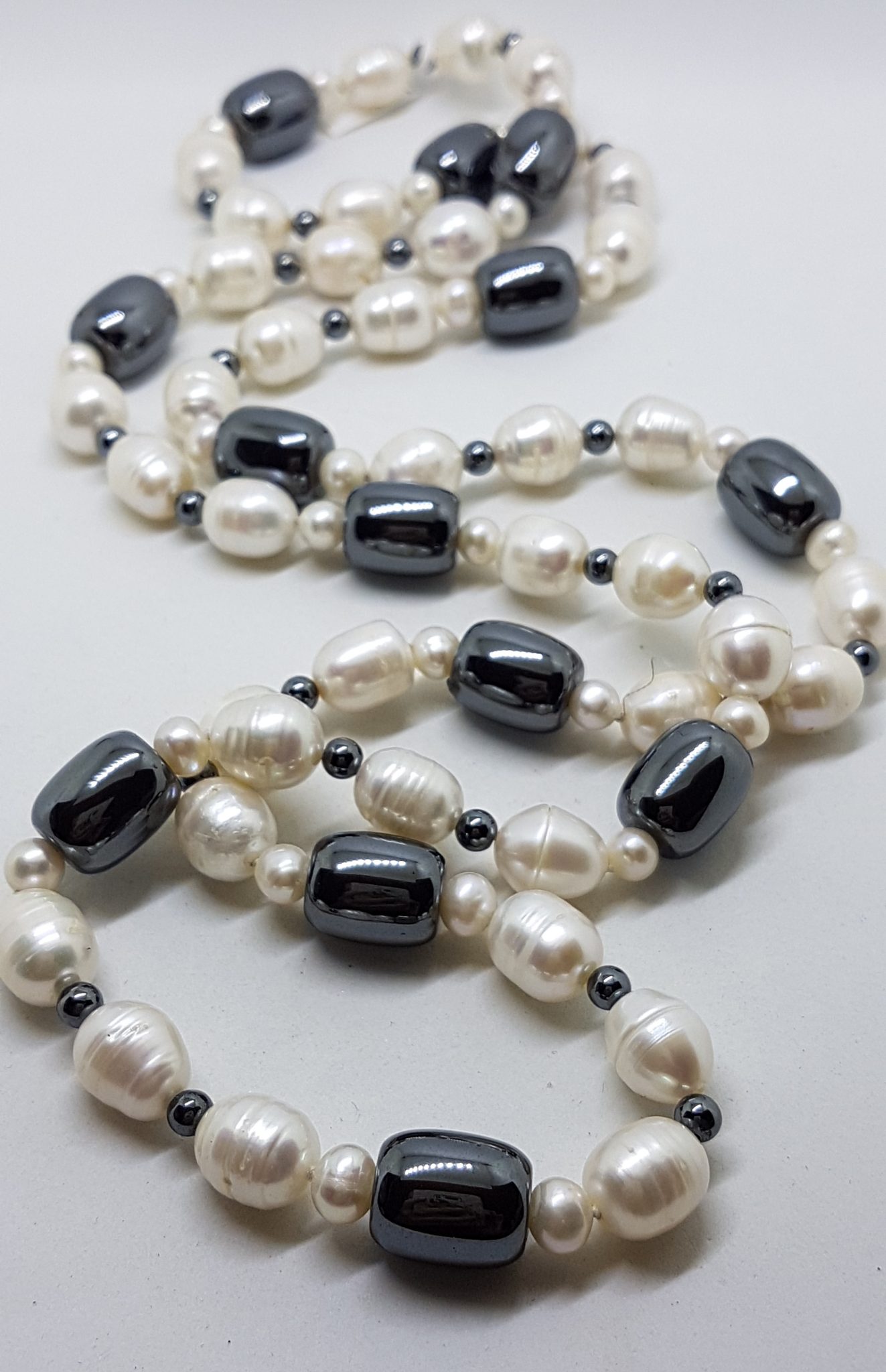 Long White Pearl and Black Hematite / Iron Ore Necklace