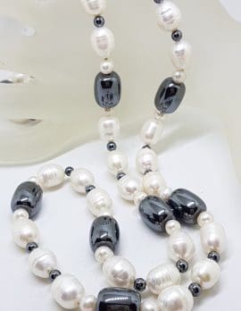 Long White Pearl and Black Hematite / Iron Ore Necklace