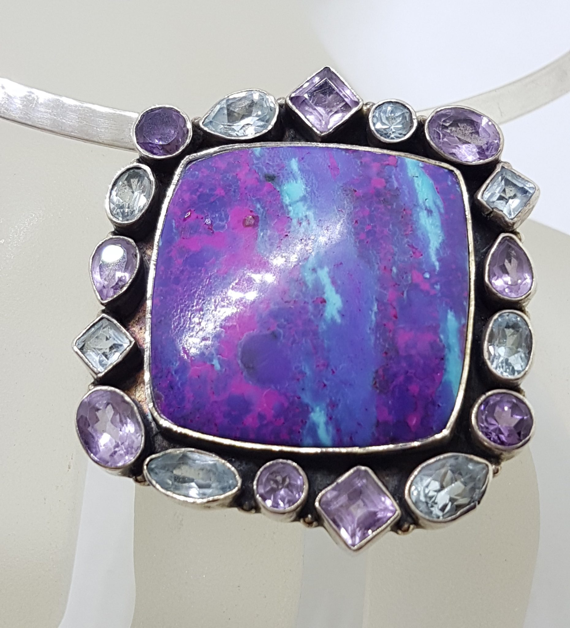 20200802_110306 Sterling Silver Large Square Mohave Turquoise surrounded by Amethyst and Topaz on Silver Choker Chain / Necklace