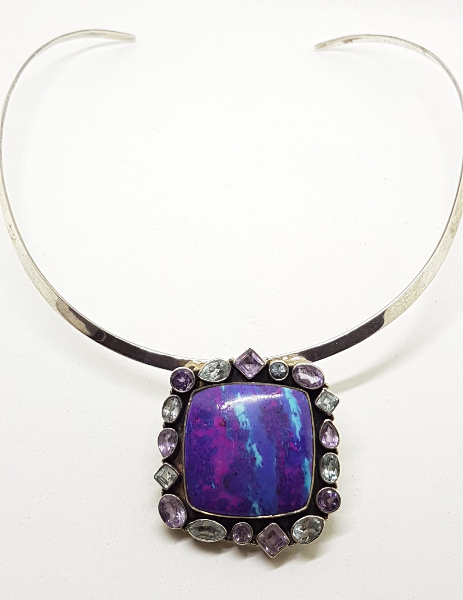 20200802_110319 Sterling Silver Large Square Mohave Turquoise surrounded by Amethyst and Topaz on Silver Choker Chain / Necklace