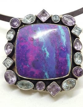 Sterling Silver Large Square Mohave Turquoise surrounded by Amethyst and Topaz on Silver Choker Chain / Necklace