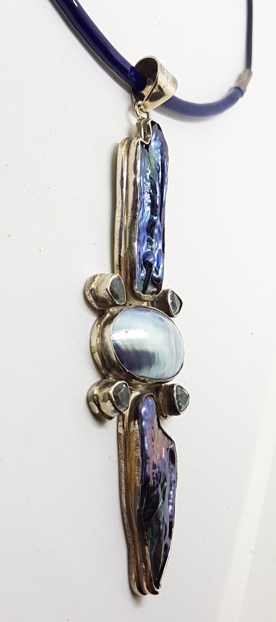 Sterling Silver Large & Long Blue / Grey Pearl and Topaz Pendant on Silver Choker Chain / Necklace