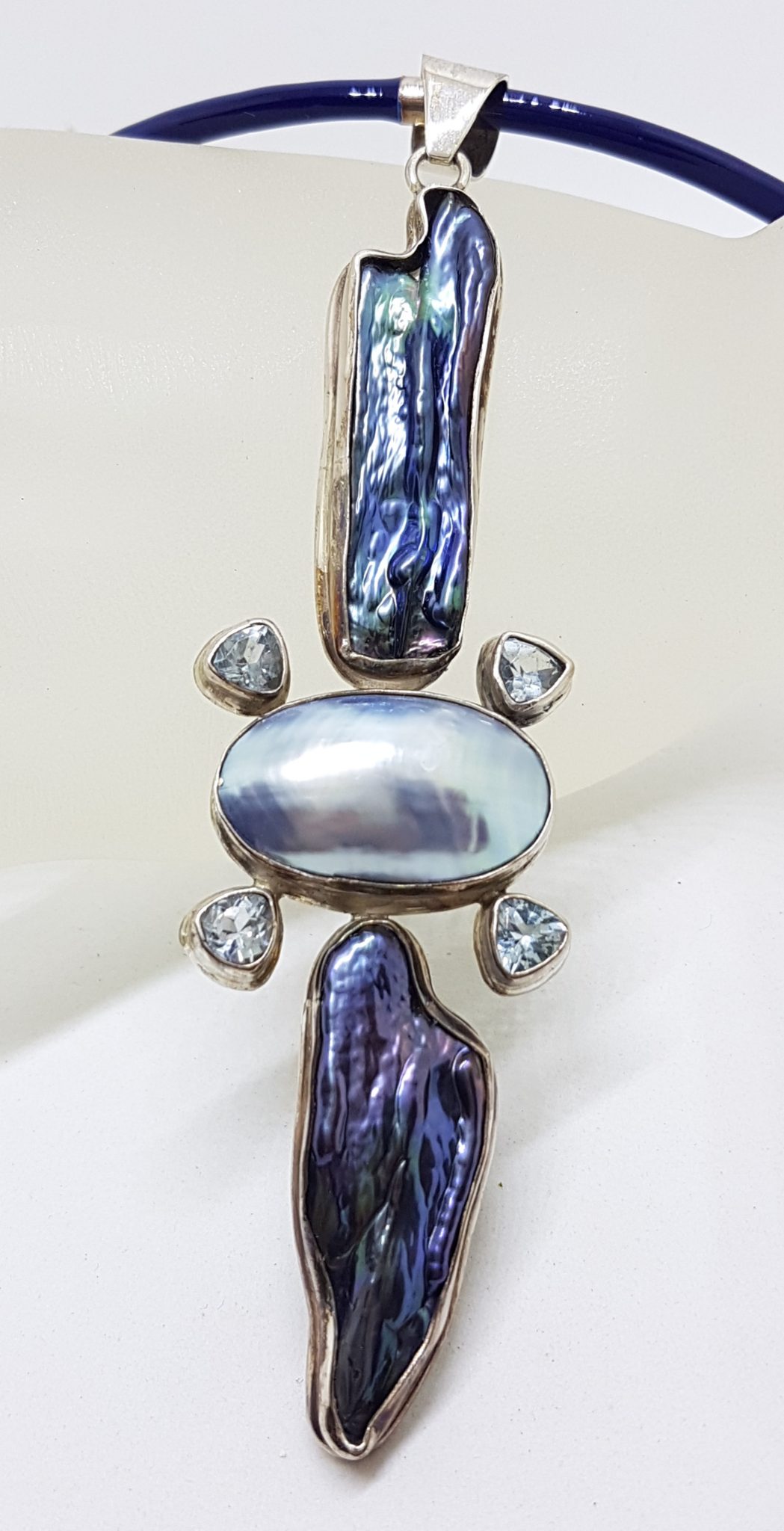 Sterling Silver Large & Long Blue / Grey Pearl and Topaz Pendant on Silver Enamel Choker Chain / Necklace