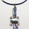 Sterling Silver Large & Long Blue / Grey Pearl and Topaz Pendant on Silver Enamel Choker Chain / Necklace