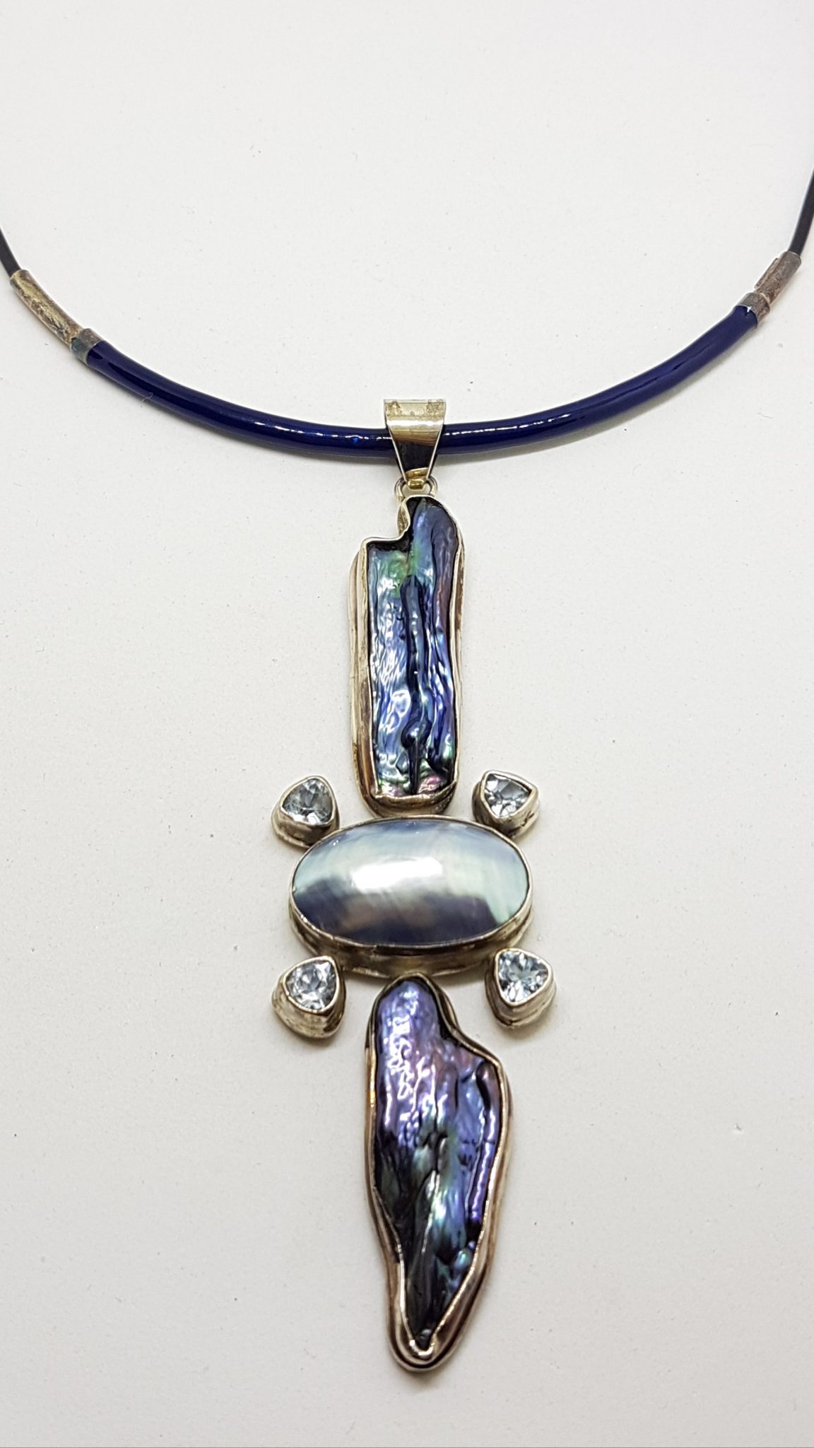 Sterling Silver Large & Long Blue / Grey Pearl and Topaz Pendant on Silver Enamel Choker Chain / Necklace