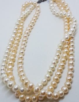 Sterling Silver White and Cream Pearl Short Choker Pearl Three Strand Necklace