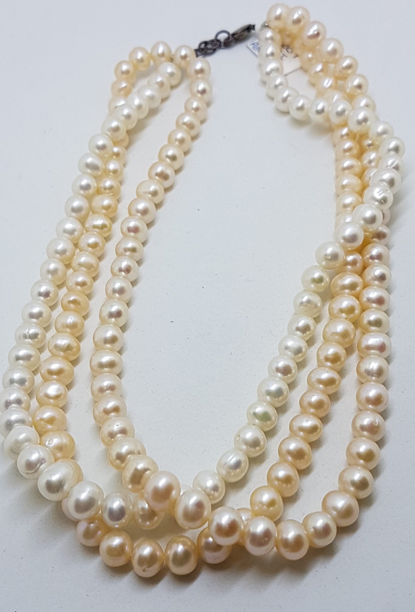 Sterling Silver White and Cream Pearl Short Choker Pearl Three Strand Necklace