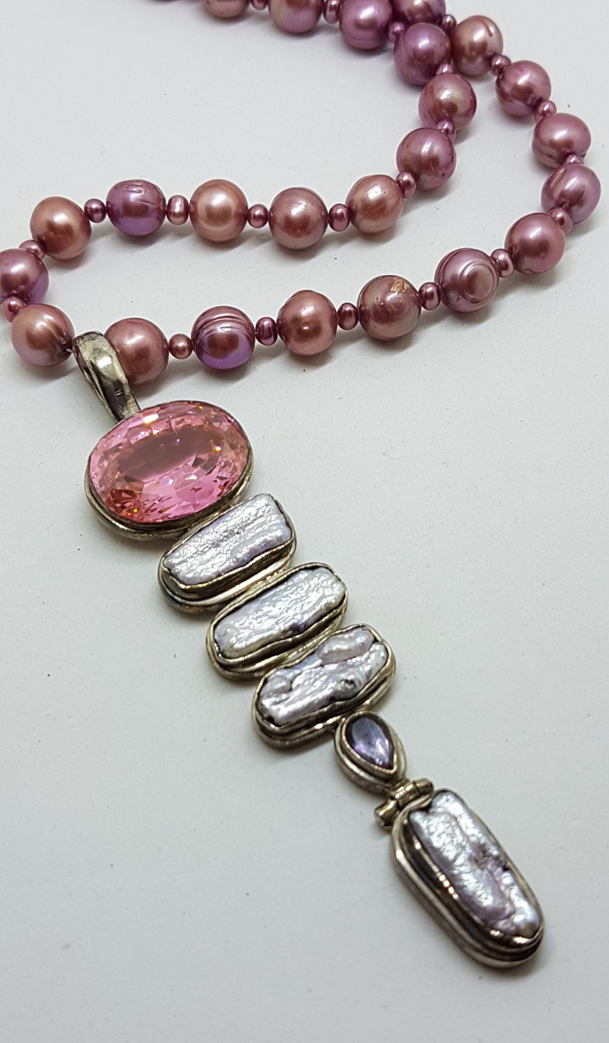 Sterling Silver Very Long Drop Pearl, Pink Cubic Zirconia and Amethyst Pendant on Pearl Necklace