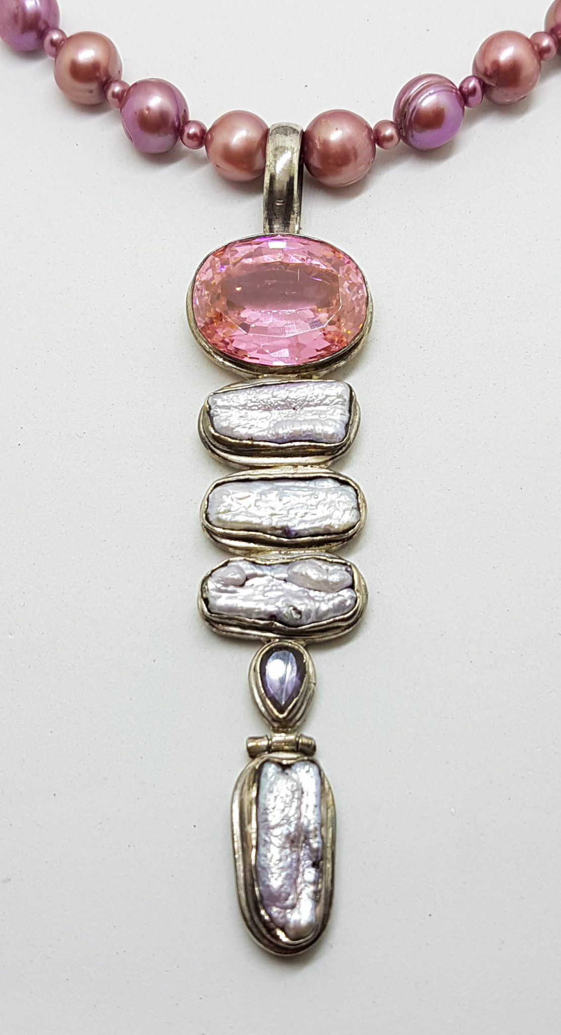 Sterling Silver Very Long Drop Pearl, Pink Cubic Zirconia and Amethyst Pendant on Pearl Necklace