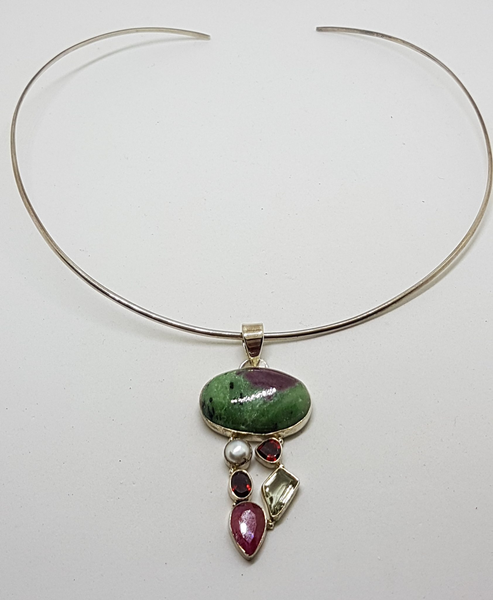 20200802_110838 Sterling Silver Ruby Zoisite, Ruby, Pearl, Garnet and Green Amethyst / Prasiolite Cluster Pendant on Silver Choker Chain / Necklace