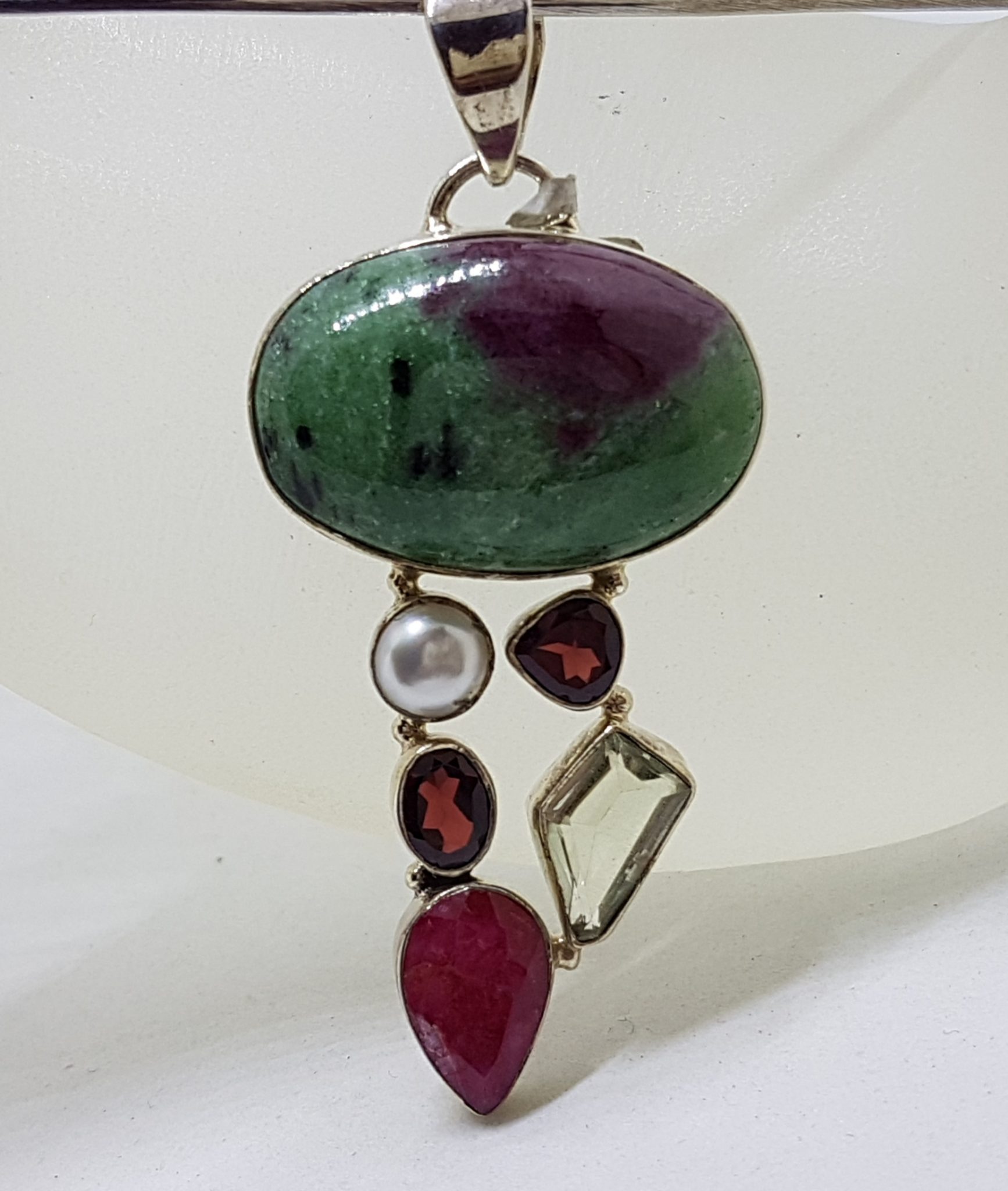 20200802_110915 Sterling Silver Ruby Zoisite, Ruby, Pearl, Garnet and Green Amethyst / Prasiolite Cluster Pendant on Silver Choker Chain / Necklace