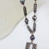 Sterling Silver Ornate Filigree Long Drop Black Pearl Chain / Necklace