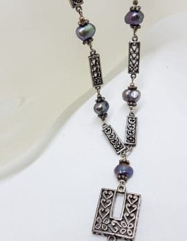 Sterling Silver Ornate Filigree Long Drop Black Pearl Chain / Necklace