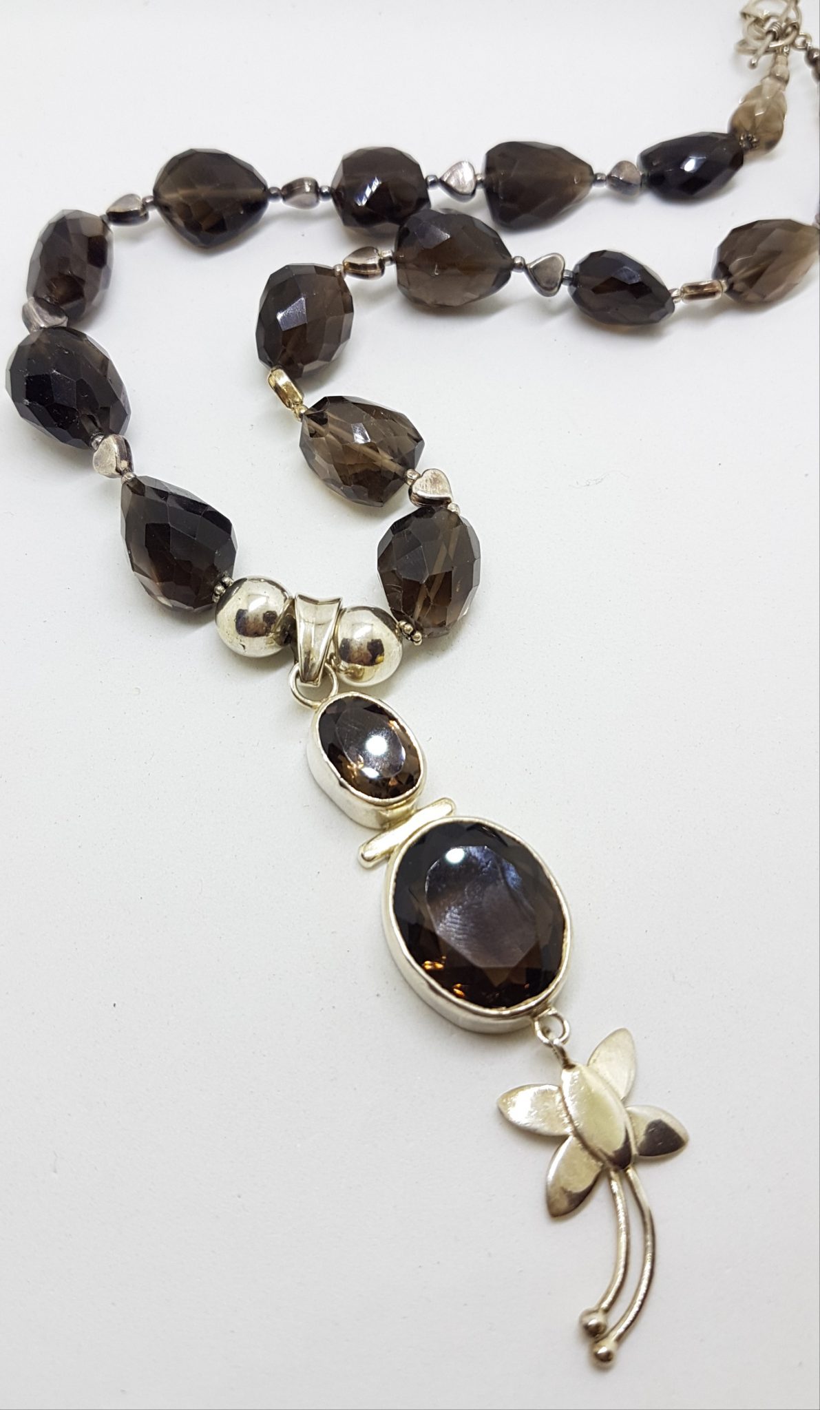 Sterling Silver with Dragonfly Ornate Smokey Quartz Bead Chain / Necklace