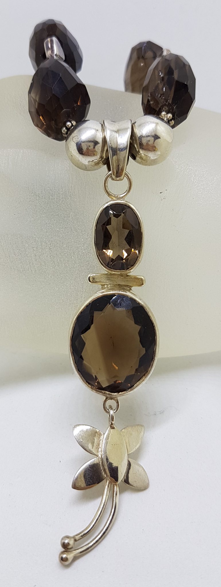 Sterling Silver with Dragonfly Ornate Smokey Quartz Bead Chain / Necklace